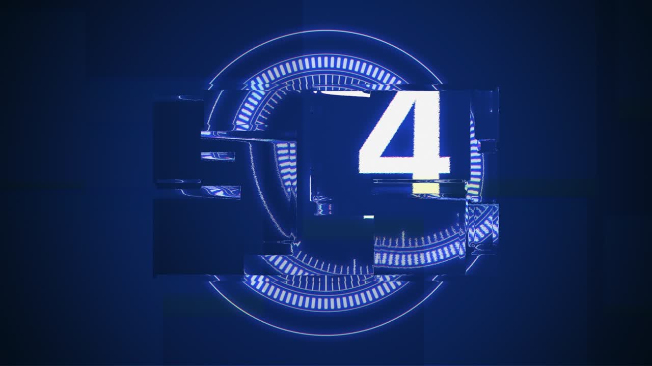 Digital blue film countdown with glitch effect in futuristic style