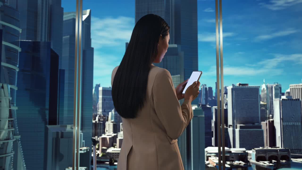 도시 전망을 가진 스마트폰을 사용하는 사업가