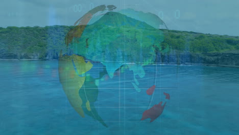 globe animation over serene ocean landscape with lush green hills
