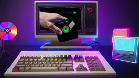a retro computer setup with neon lights and floppy disk interaction