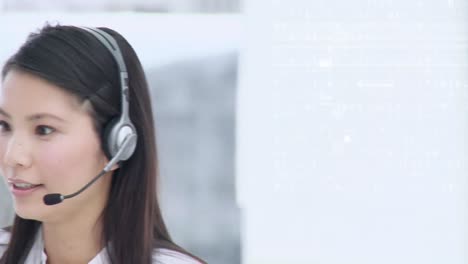 Animation-of-binary-coding-data-processing-over-businesswoman-using-phone-headset