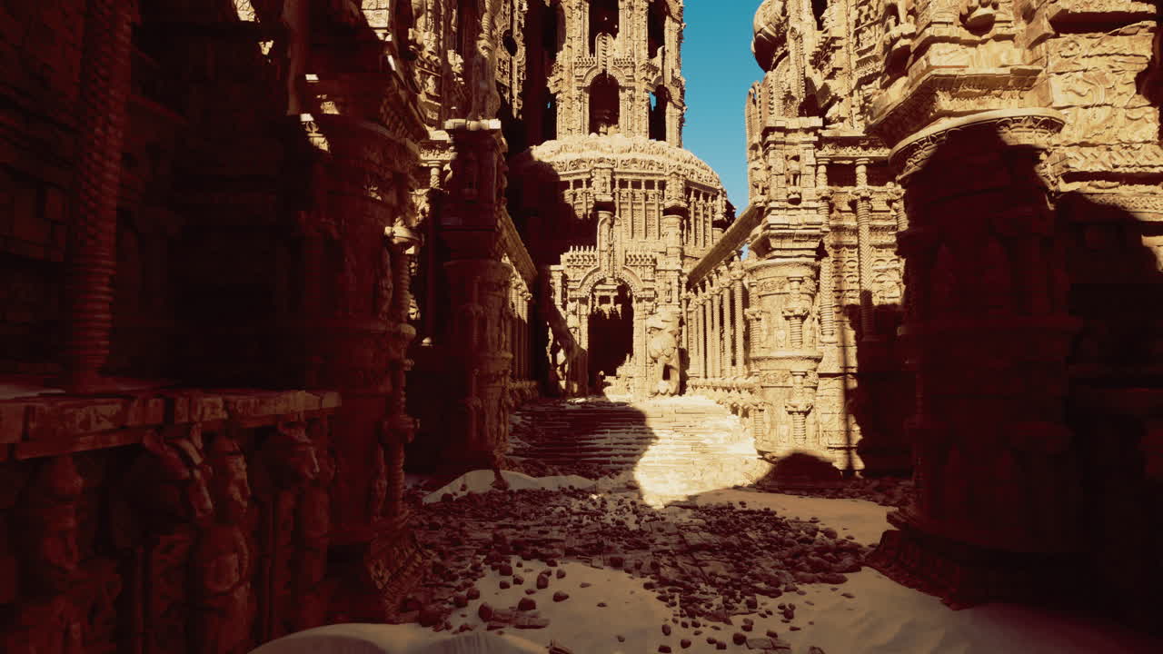 Ancient carved temple in a desert under clear blue sky at midday