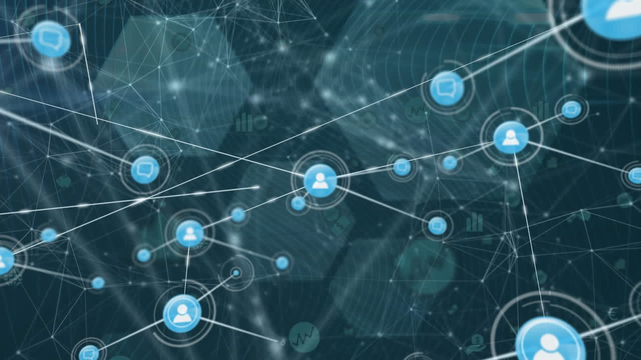 animación de la red de conexiones con iconos en fondo negro