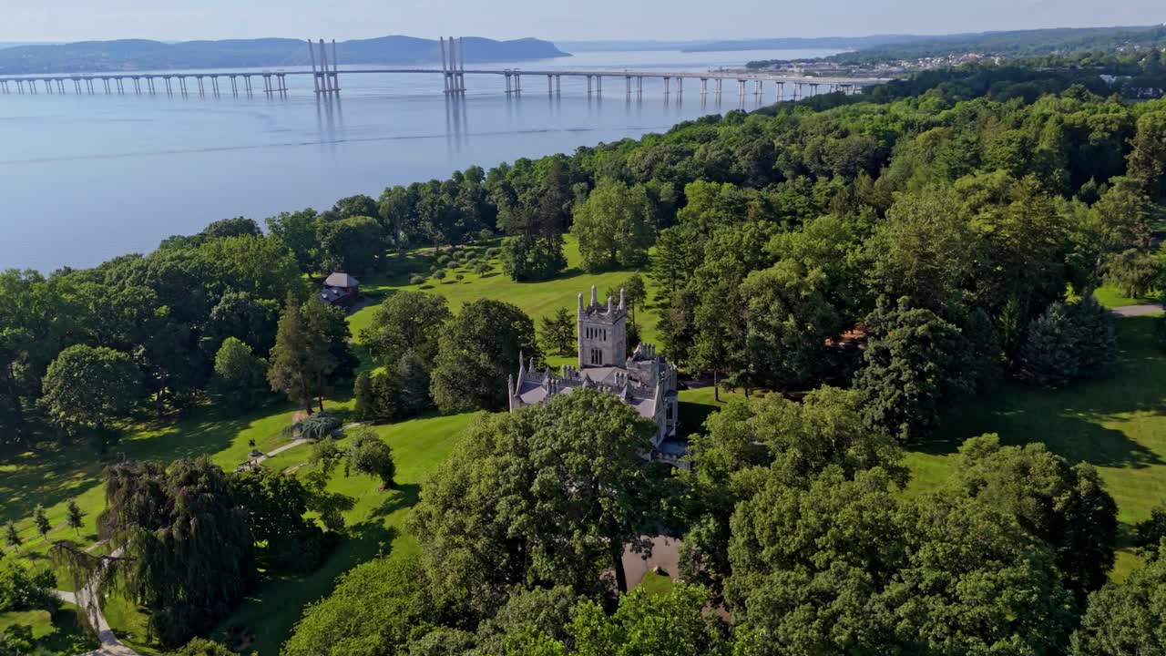 Gothic Revival Country House Of Lyndhurst Mansion In Tarrytown, New York, United States. Aerial Drone Shot