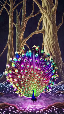 a vibrant, digitally illustrated peacock displays its colorful feathers in a mystical forest