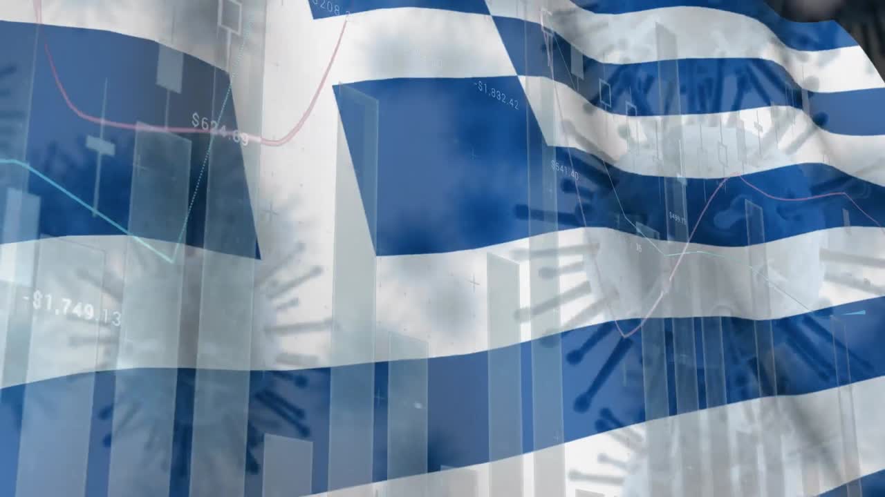 맥로 코로나 바이러스가 그리스 국기를 배경으로 퍼져나가고 있습니다.