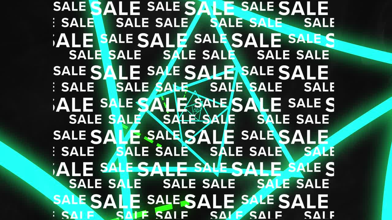 Animation of rotating triangles and sale text on black background