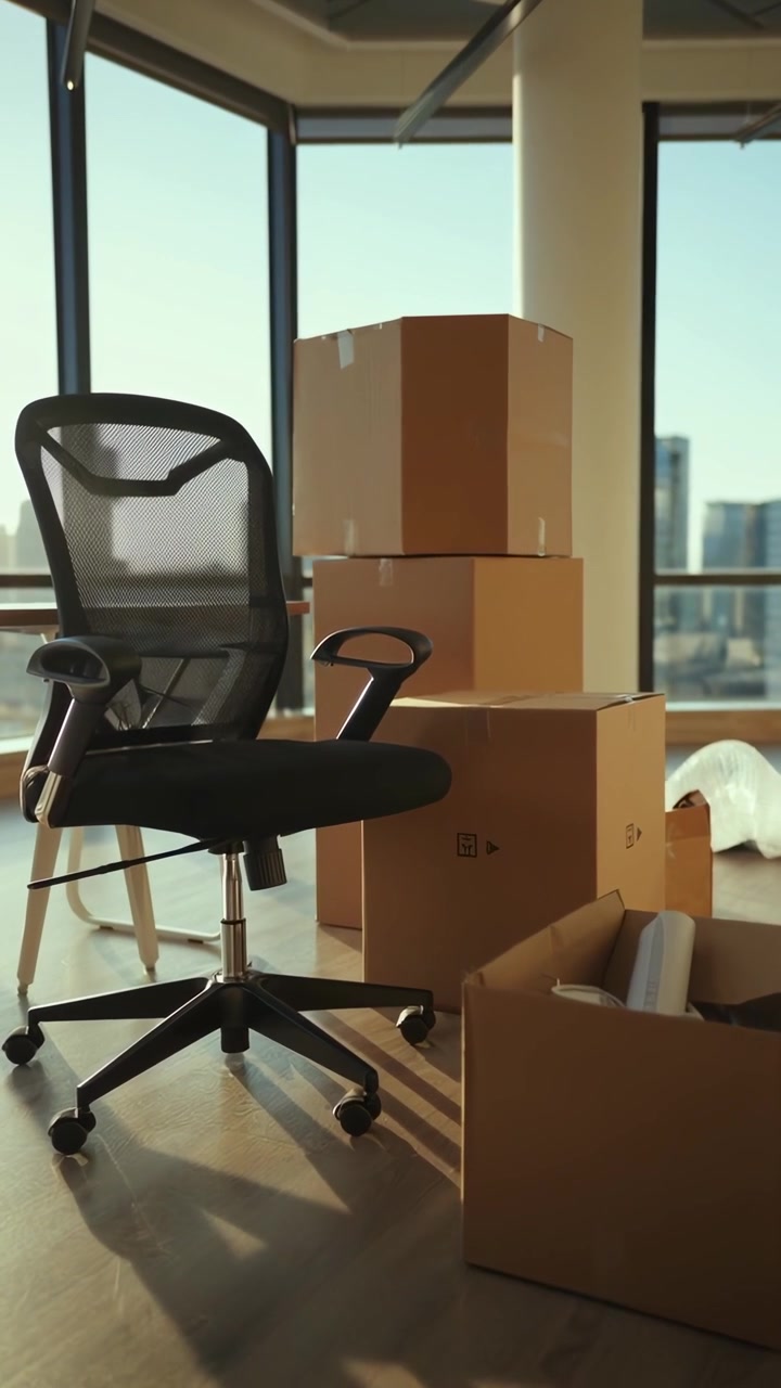 Empty Modern Office with Moving Boxes and Chair on Moving Day