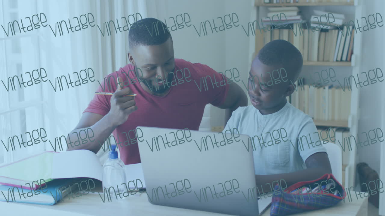 Animation of vintage text banners over african american father helping son in homework at home
