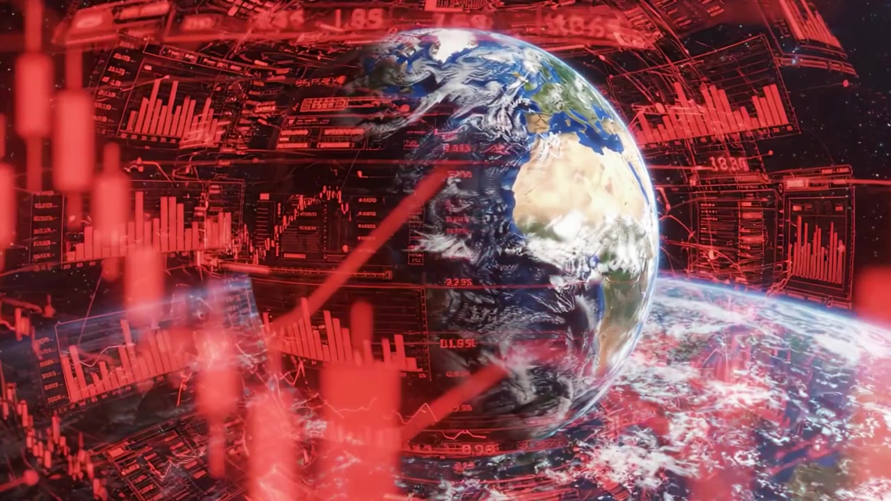 Eine dynamische Ansicht der Erde, umgeben von Datenvisualisierungsgrafiken, die die Vernetzung von Natur und Technologie im digitalen Zeitalter veranschaulicht
