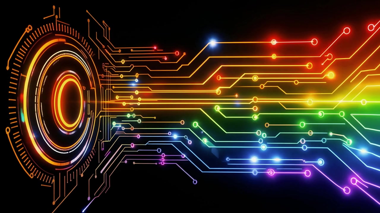 Animated Digital Circuit Board with Glowing Rainbow Lines