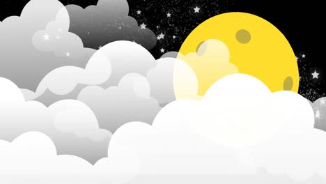 Animación-De-Luna,-Nubes-Y-Estrellas-Moviéndose-Sobre-Fondo-Negro