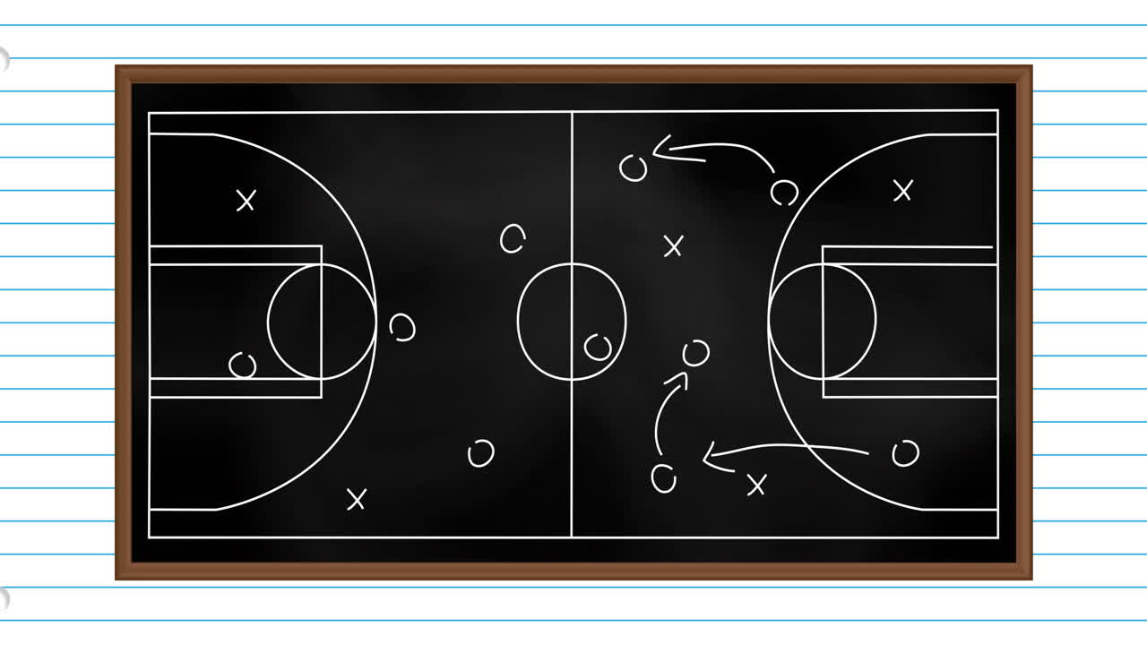 Animation of white arrows, x and circle symbols on sports court over lines against white background