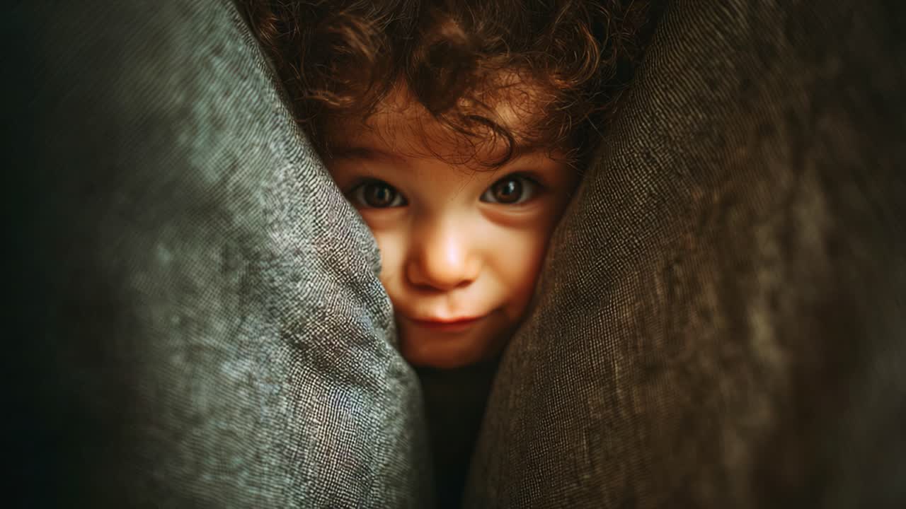 Et finurligt portræt af et legesygt barn, der kigger frem mellem bløde puder og udstråler nysgerrighed og glæde, mens essensen af barndommens forundring og uskyld fanges i hyggelige omgivelser
