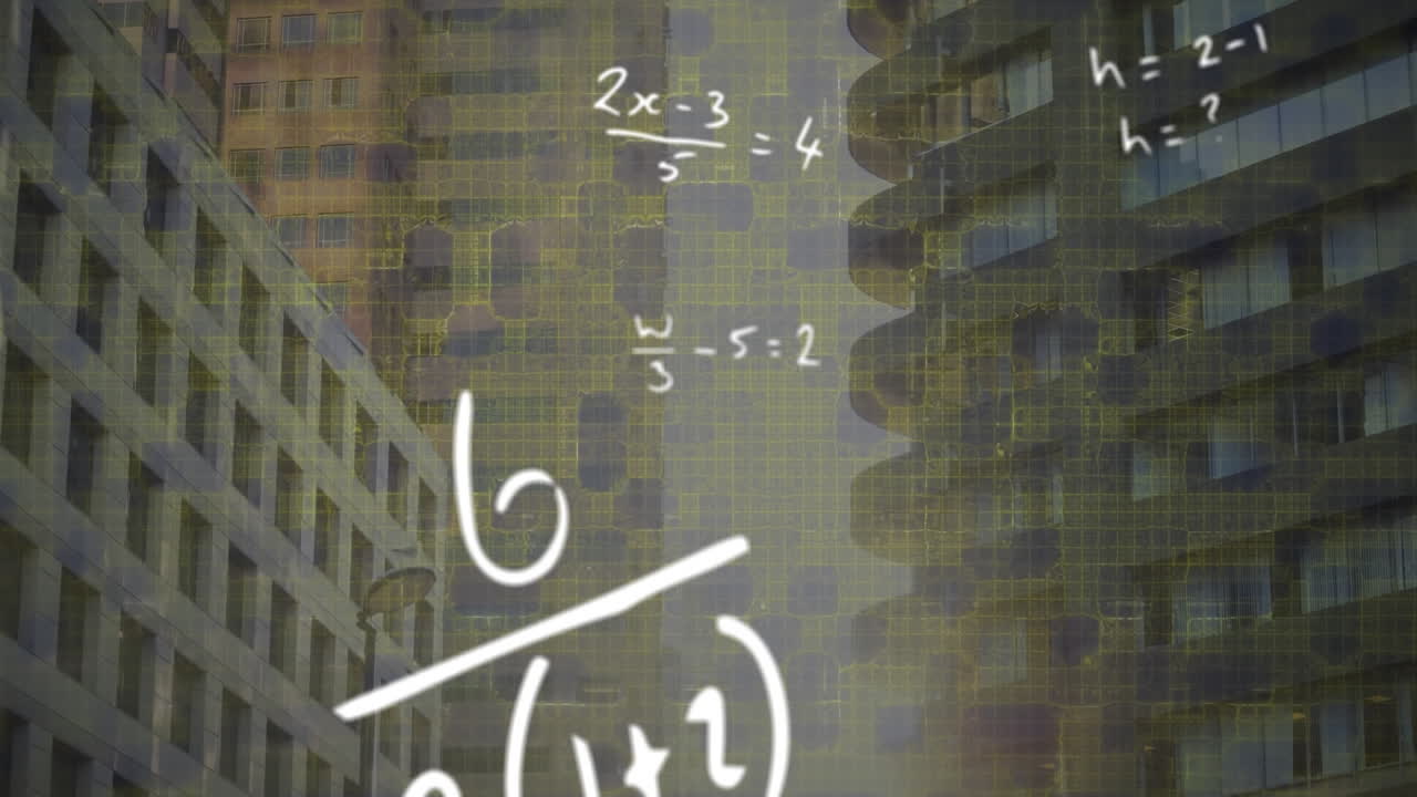 animación de ecuaciones matemáticas y patrones abstractos sobre edificios en el fondo.