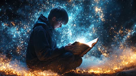 boy reading a book in a cosmic environment filled with stars