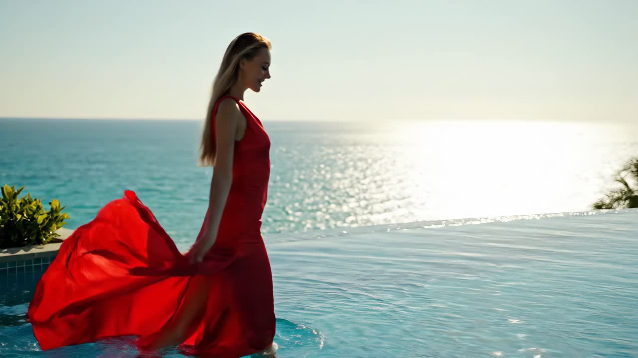 Woman in red dress by the pool at sunset