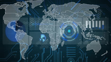 Animation-Von-Umfang-Und-Datenverarbeitung-über-Computerplatine-Und-Weltkarte