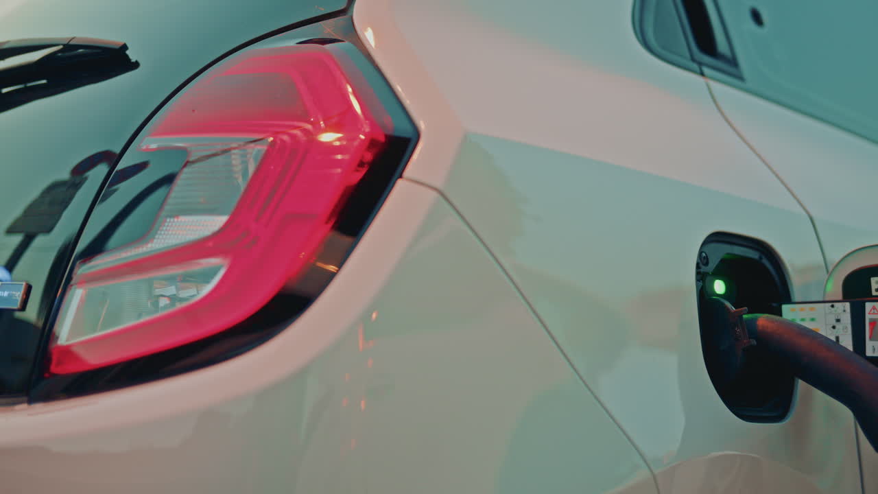 Close up of an electric car charging, showing the charging port and green indicator light