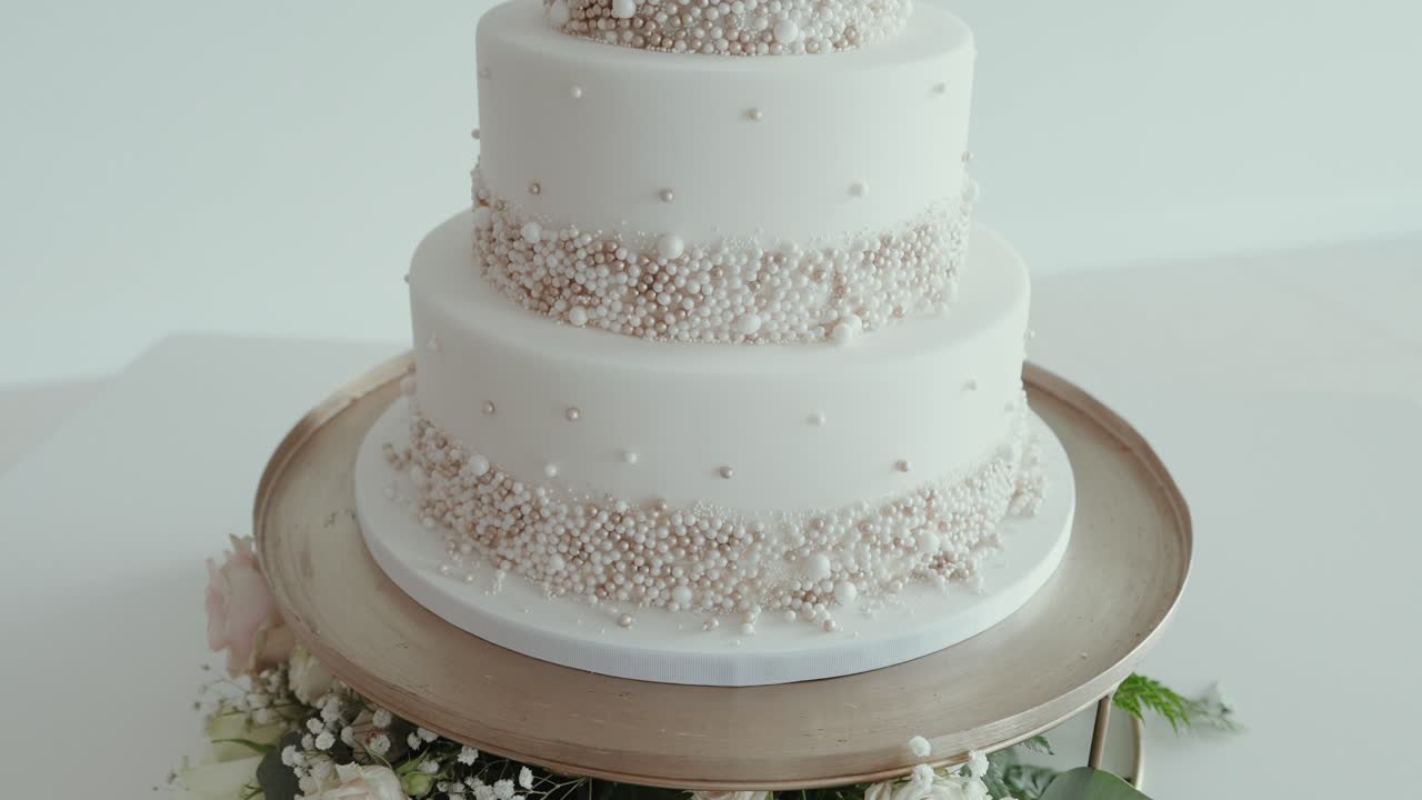 three tier white wedding cake with pearl decorations on a gold stand surrounded by flowers