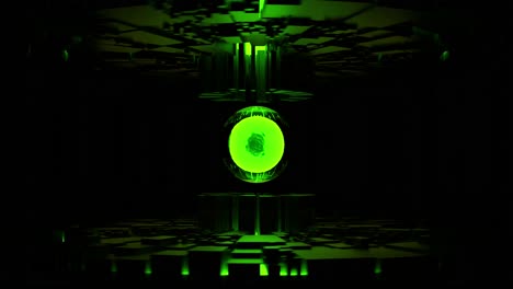 esfera verde brillante en la estructura tecnológica futurista