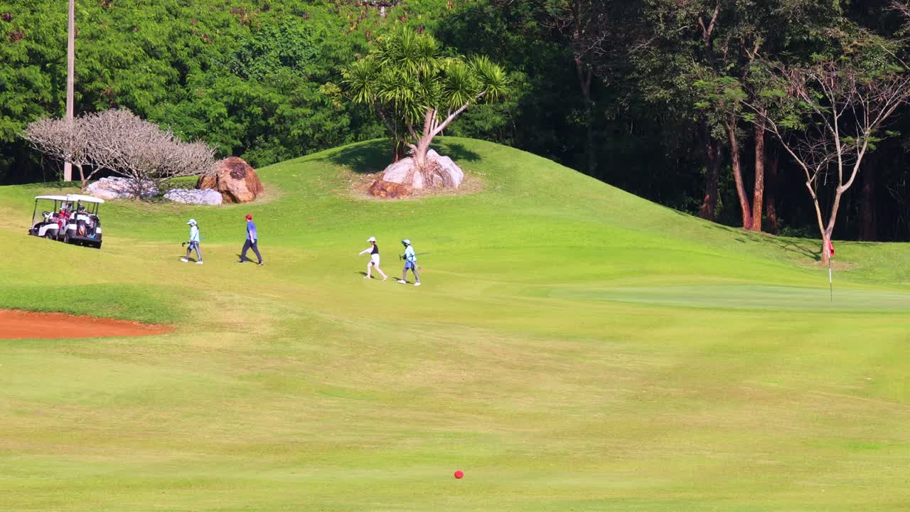 Golfers and caddies walk along fairway under bright sunlight, lush green course, distant trees