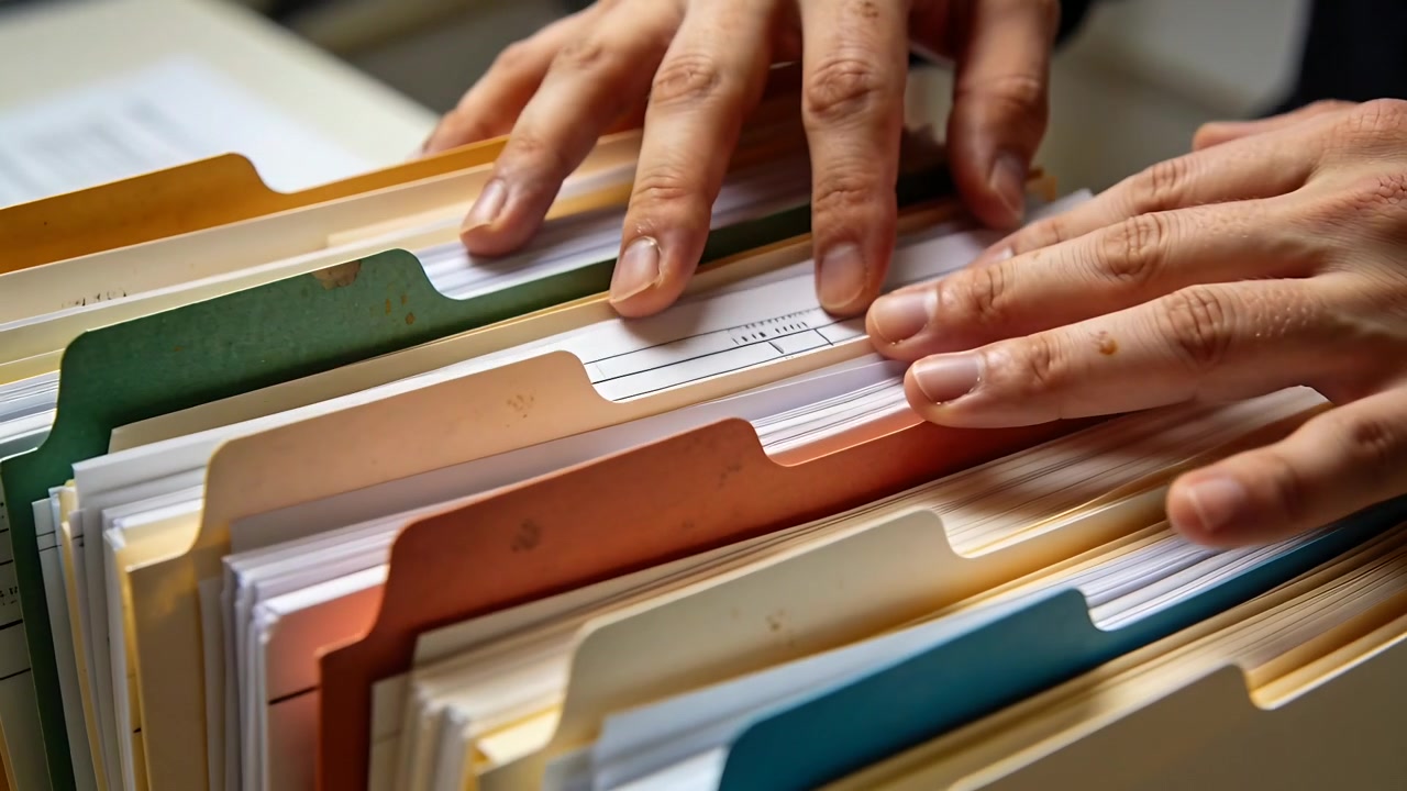 Needing form, worker hands in dark sleeves scanning file tabs in drawer at desk, locating document