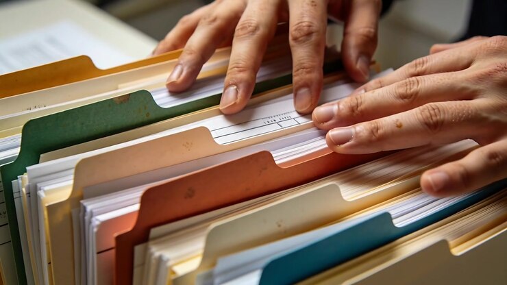 Needing form, worker hands in dark sleeves scanning file tabs in drawer at desk, locating document