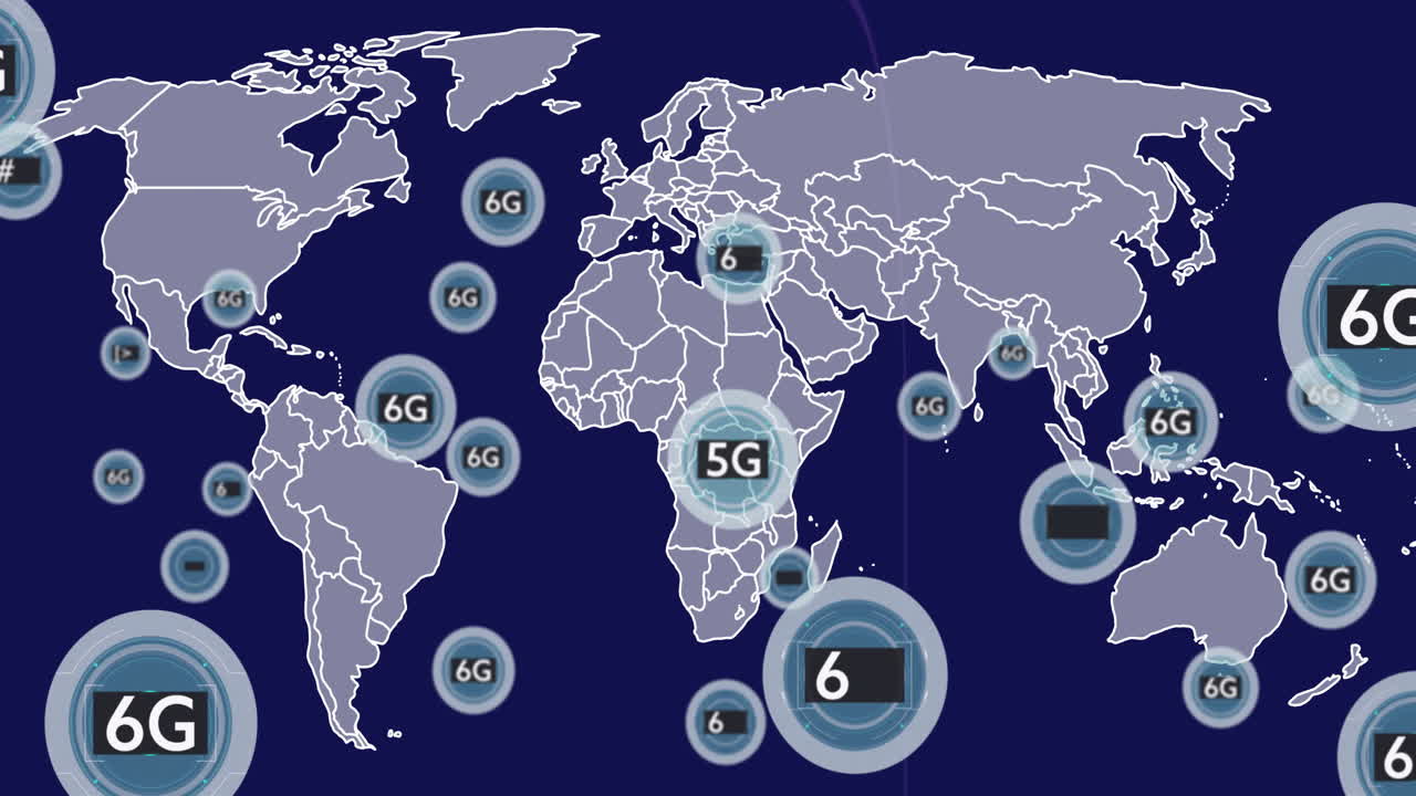 World map animation displaying 5G and 6G network coverage across regions