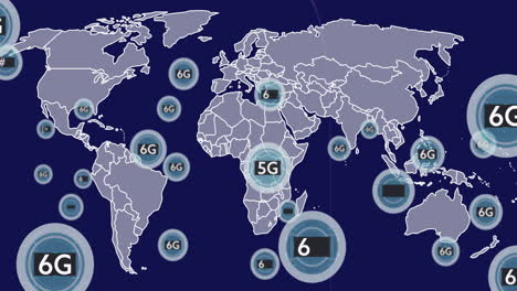world map animation displaying 5g and 6g network coverage across regions