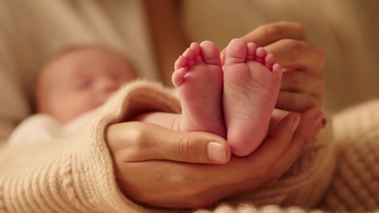 Closeup Newborn Feet Cradled By Parent, Soft Knit Blanket, Warm Golden Light, Sleeping Infant, Gentle Touch,