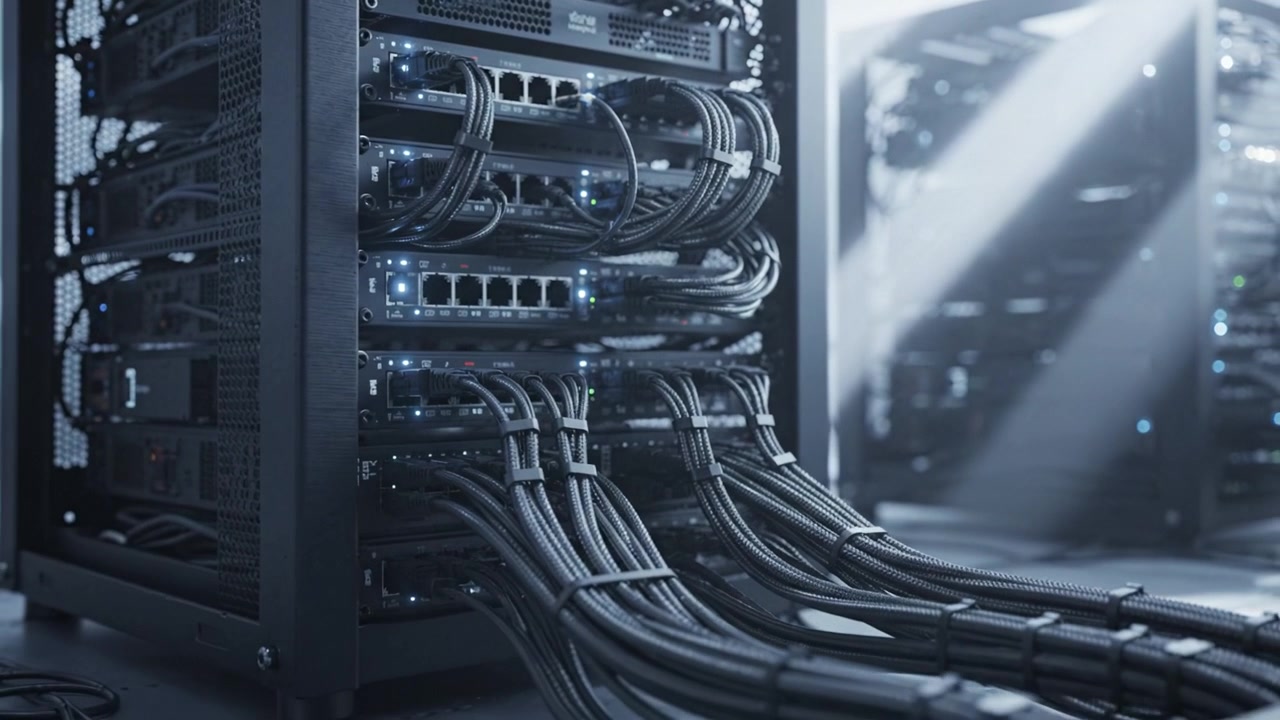 High-Tech Data Center with Advanced Server Racks and Complex Cabling in a Modern Environment, Showcasing the Infrastructure of Digital Connectivity and Storage Solutions