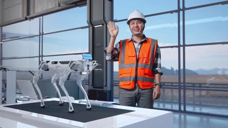 full body of asian male engineer with safety helmet standing in high tech factory, analyzing robotic machine concept. smiling to camera and waving hand saying good bye