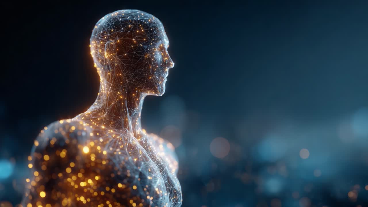 A Stunning Representation of a Glowing Human Figure Illuminated by Intricate Light Patterns, Capturing the Essence of Digital Art and Technological Innovation in a Futuristic Setting