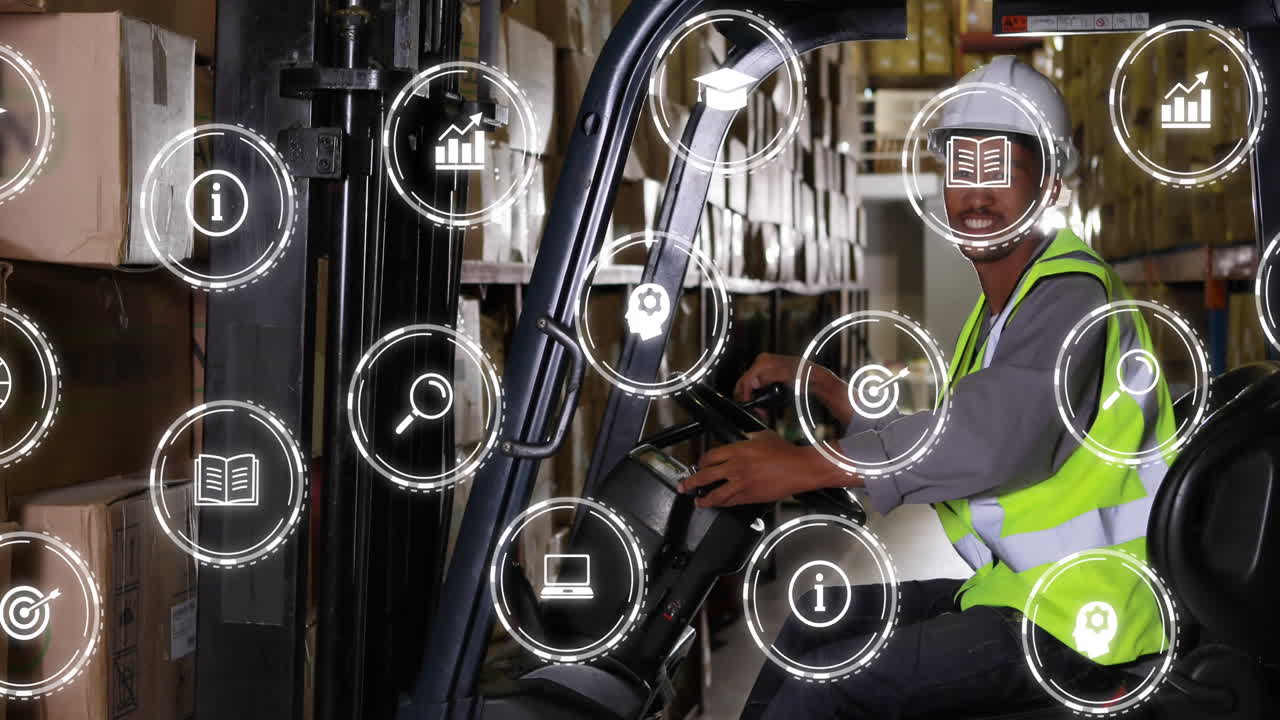 animación de iconos de los medios sobre feliz trabajador afroamericano en el almacén