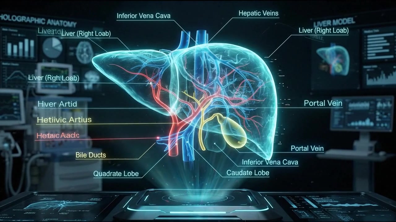 Futuristic liver hologram with vascular detail and surrounding diagnostic interface