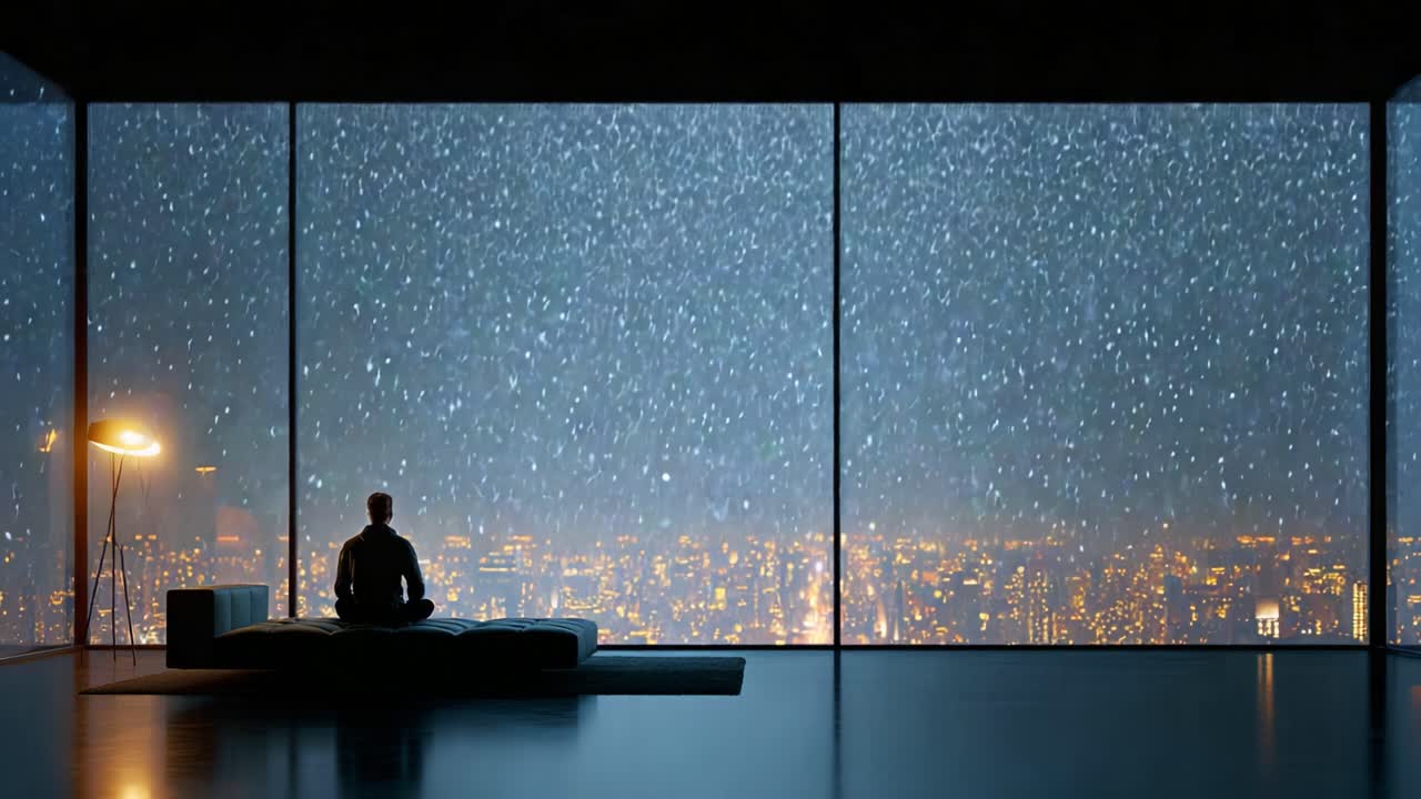 A solitary figure gazes thoughtfully out of a large window while a soft snowfall obscures the vibrant city lights below, creating a tranquil and reflective atmosphere