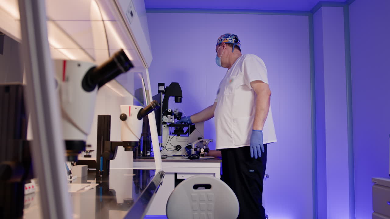 Científico trabajando con microscopio en laboratorio.
