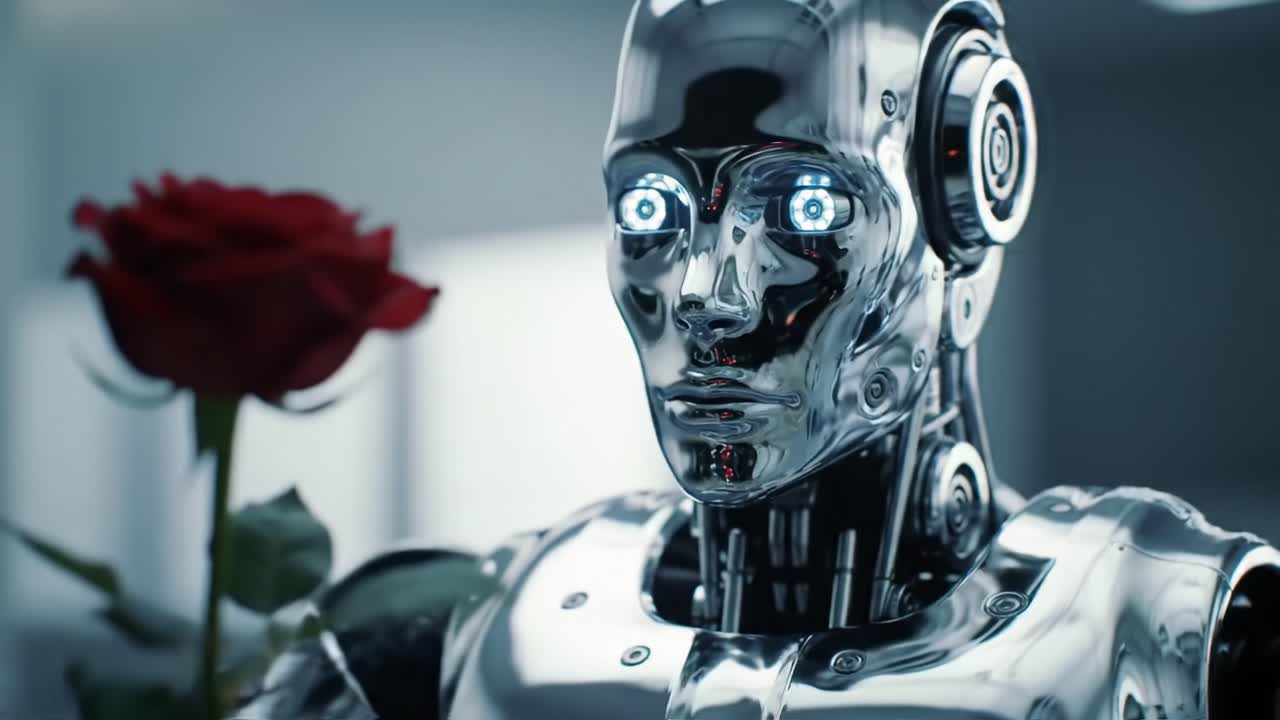 This captivating image showcases a futuristic robot holding a single rose, symbolizing the intersection of technology and emotion, evoking thoughts about artificial intelligence and humanity