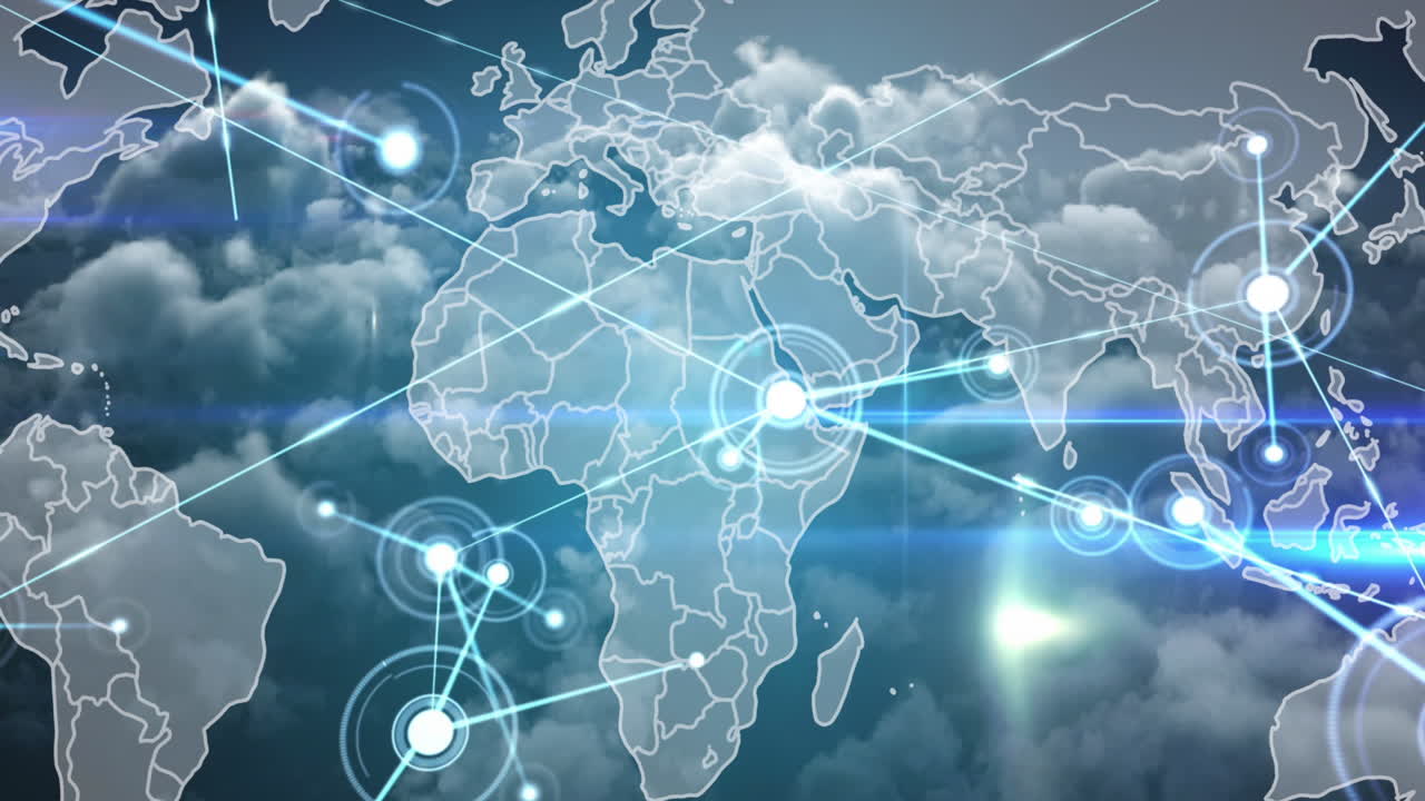 세계 지도를 가로지르는 연결 네트워크의 애니메이션