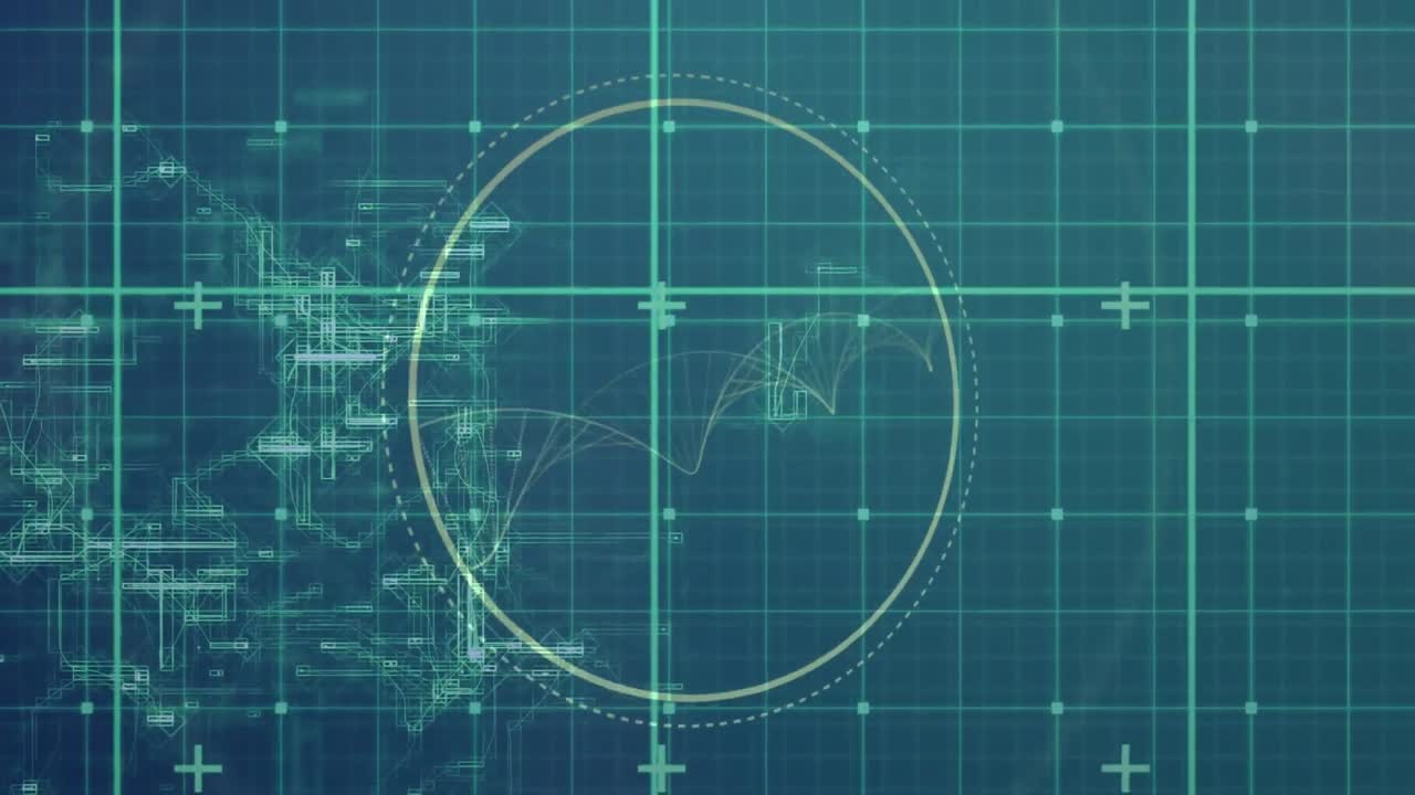 원형 스캐너와 입자가 녹색 그리드에서 데이터 처리를 통해 나선형을 형성하는 애니메이션