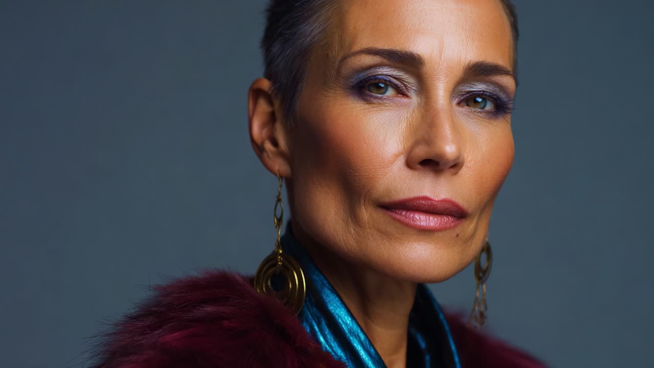 Captivating Portrait of a Confident Woman with Striking Features, Stylish Attire, and Engaging Expression in a Dramatic Setting Captured in Two Stunning Frames