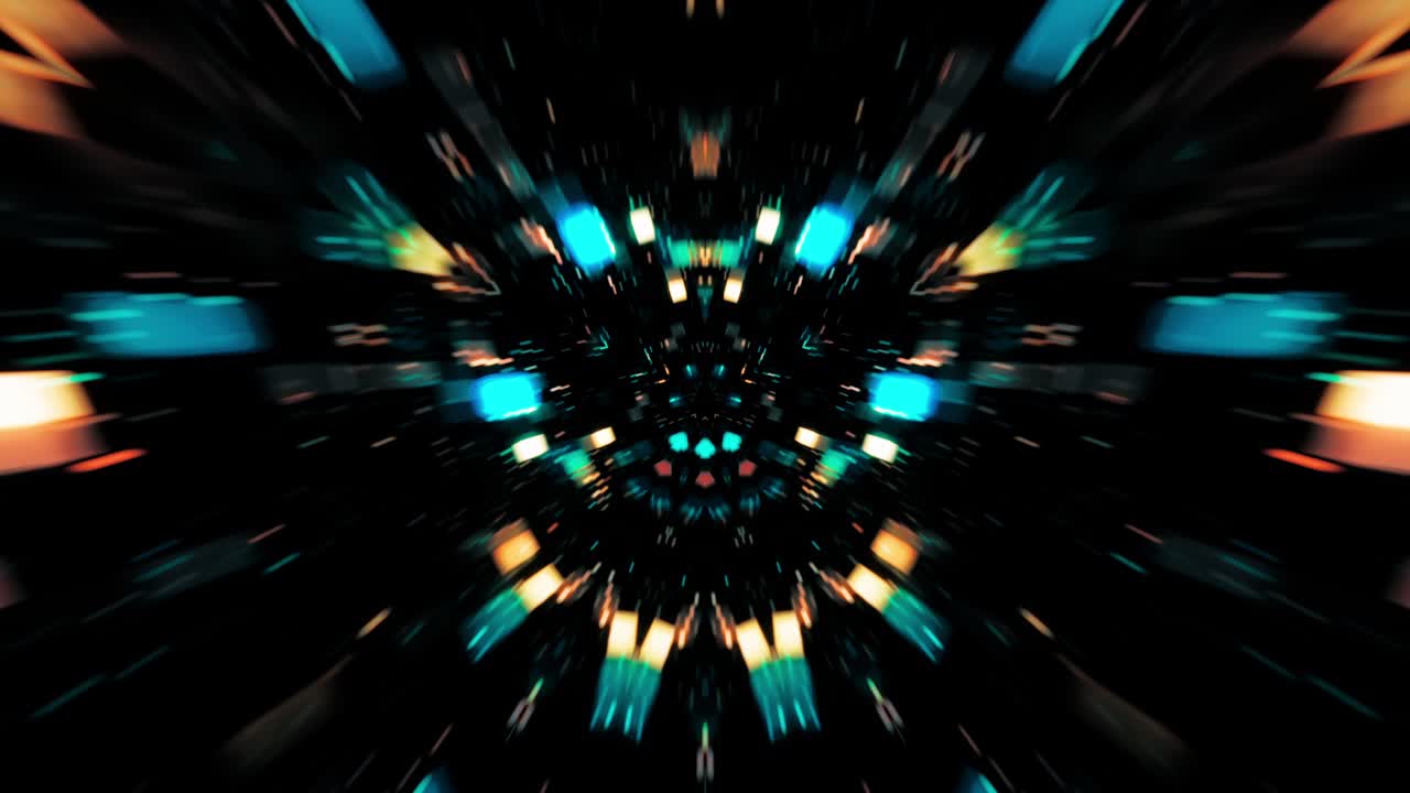 infinito bucle parpadeo brillo azul oro rotativo caleidoscopio túnel de luces de color neón azul brillante. 4k sectores de túnel digital abstracto. ciber colorido led pared y luz brillan animación giratoria. geometría