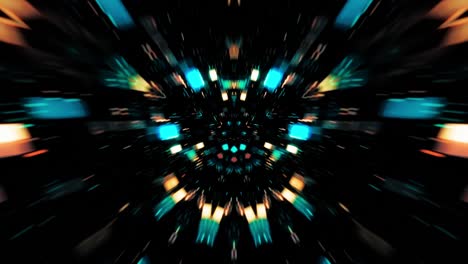 infinite loop flicker glow blue gold rotating kaleidoscope tunnel of shining blue neon color lights. 4k abstract digital tunnel sectors. cyber ​​colorful led wall and light shine rotating animation. geometri