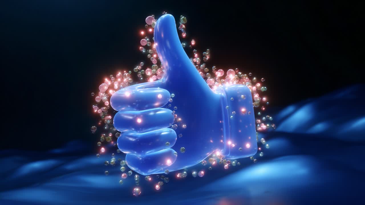 A glowing blue thumbs-up symbol emerges from a mystical background of colorful particles, radiating positivity and encouragement while surrounded by an ethereal blue landscape that enhances its significance