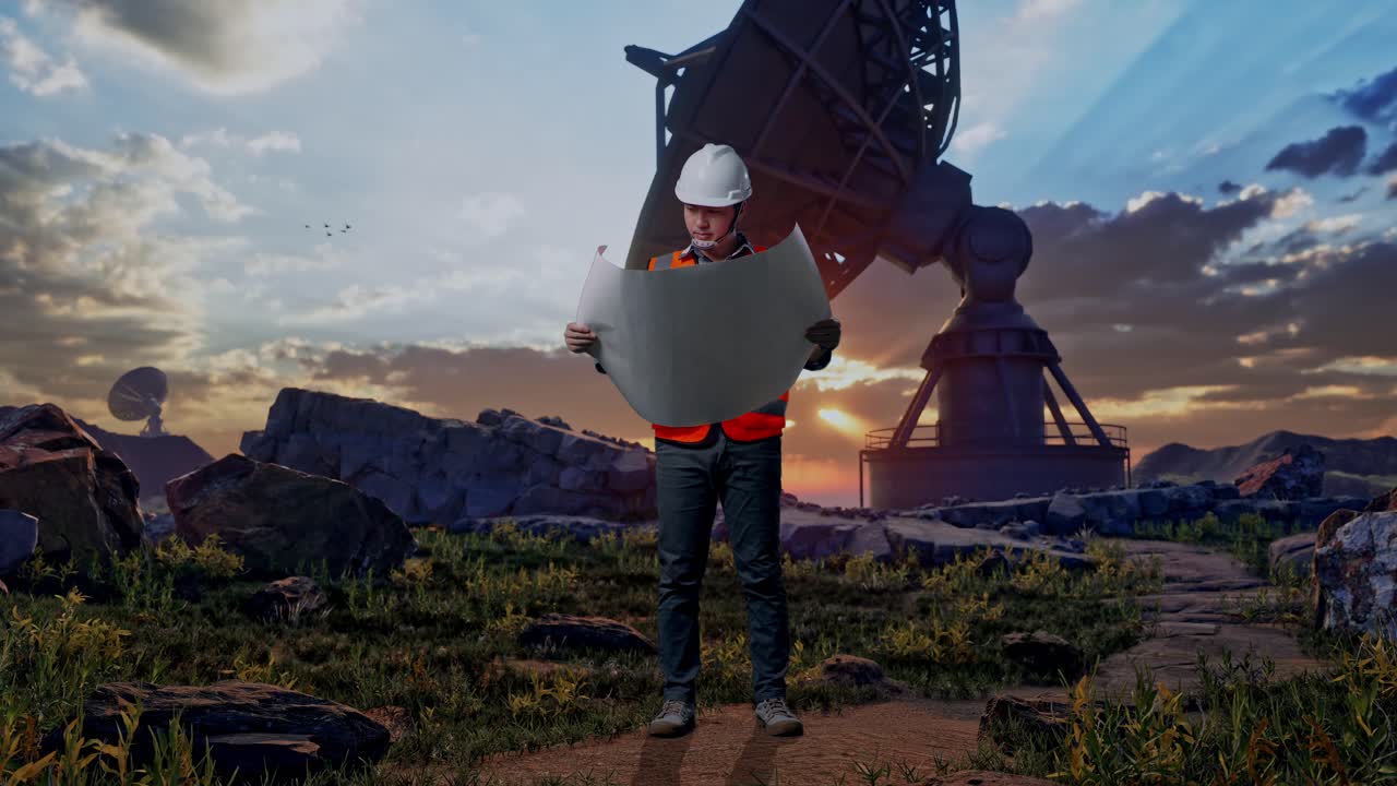 Full Body Of Asian Male Engineer With Safety Helmet Looking At Blueprint In His Hands And Looking Around While Standing With Large Satellite Dish