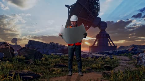 full body of asian male engineer with safety helmet looking at blueprint in his hands and looking around while standing with large satellite dish