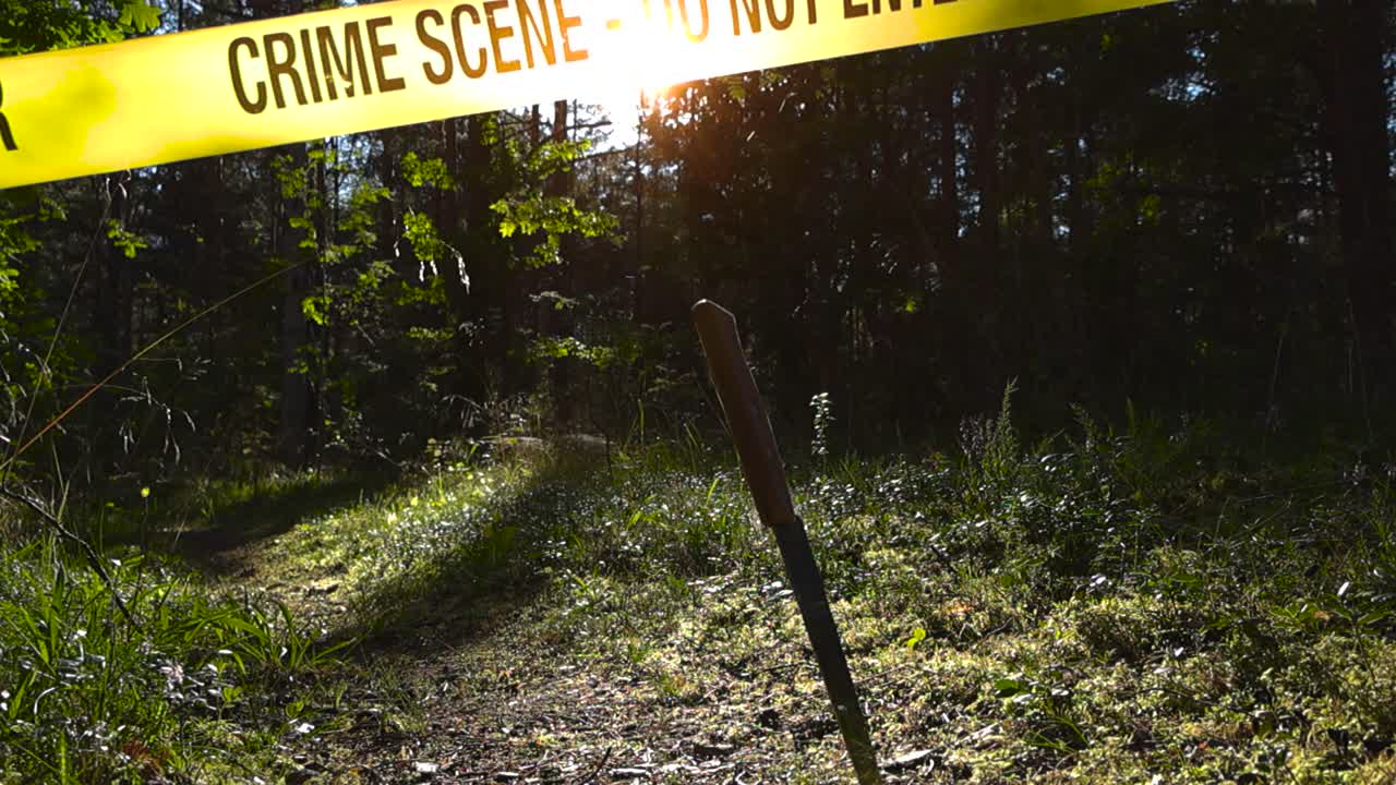 Low angle video of a shiny kitchen knife left behind in a forest hiking trail with a yellow colored police lince forensic investigation crime scene tape hanging above it. Sunlight backlighting ribbon