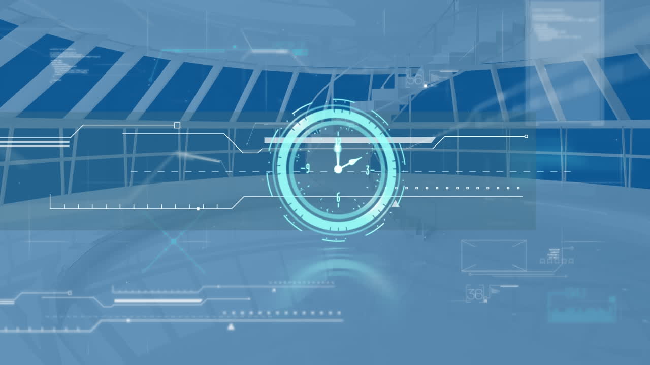 움직이는 시계의 애니메이션과 백그라운드에서 사무실에서 다양한 데이터 처리