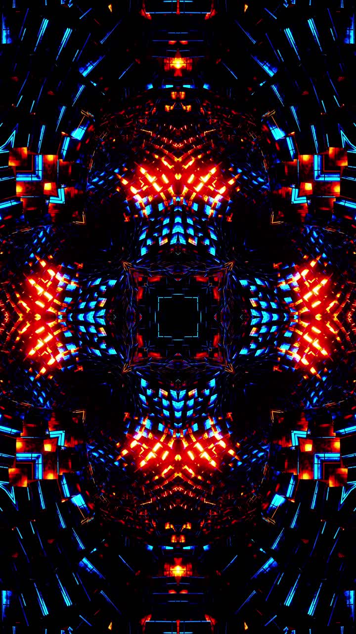 volando a través de un túnel de cubos metálicos azules y naranjas. vídeo de caleidoscopio en bucle vertical